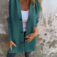 Mandotos hooded cardigan in red, single-breasted, loose fit, casual jacket with front pockets and a relaxed style.