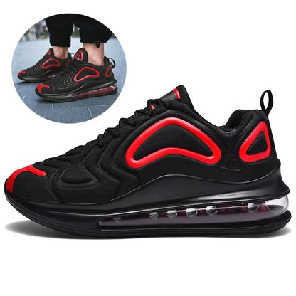 Mandotos men's casual black air cushion sneakers with breathable design, lace-up closure, suitable for outdoor running and sports activities.