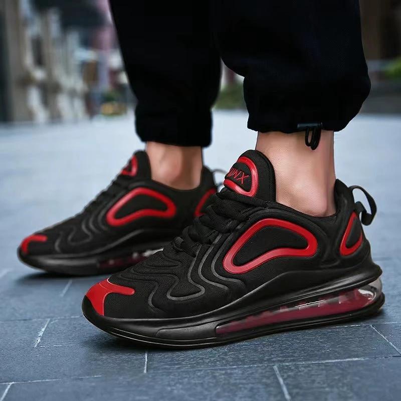 Mandotos men's casual black air cushion sneakers with breathable mesh, lace-up design, suitable for outdoor running and sports.