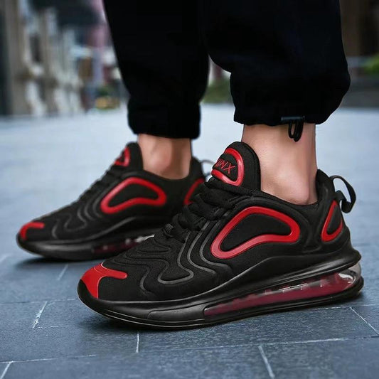 Mandotos men's casual black air cushion sneakers with breathable mesh, lace-up design, suitable for outdoor running and sports.