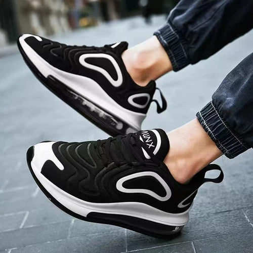 Mandotos men's casual black air cushion sneakers with breathable mesh, lace-up design, suitable for running and outdoor sports.