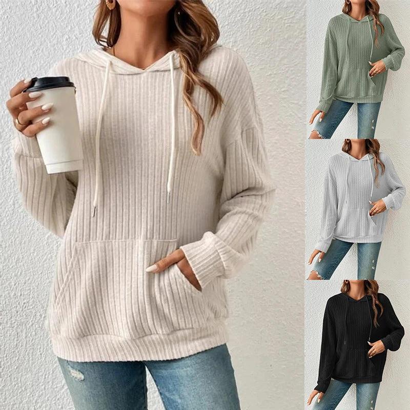 Mandotos women's knit hoodie sweatshirt with pockets, drawstring, long sleeves, solid color, and sunken stripe knitwear design.