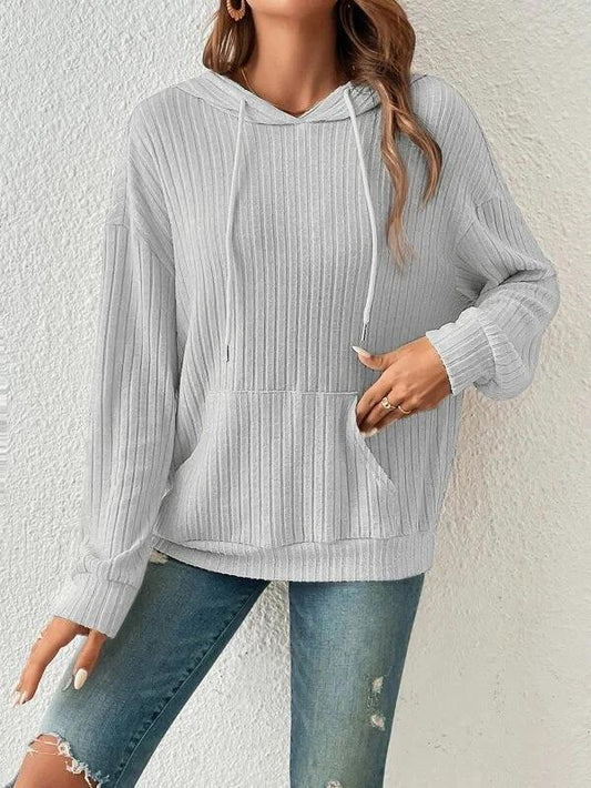 Mandotos women's knit hoodie sweatshirt with pockets, drawstring, long sleeves, solid color, and sunken stripe knitwear design.