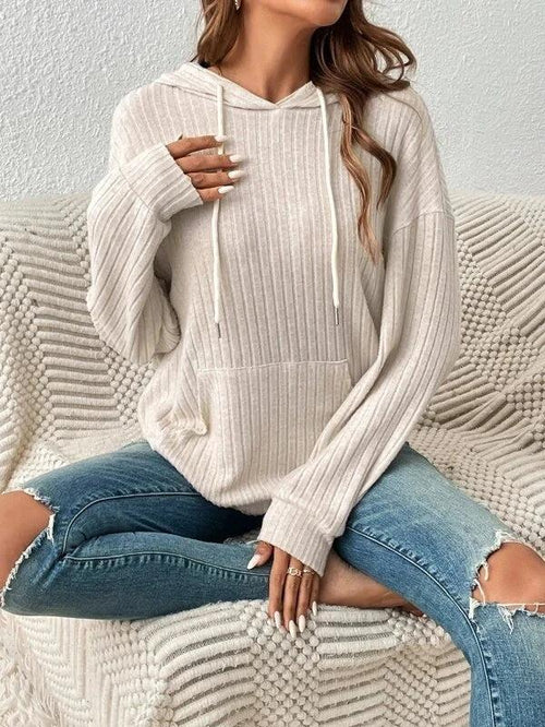 Mandotos women's knit hoodie sweatshirt with pockets, drawstring hood, long sleeves, solid sunken stripe knitwear, casual style