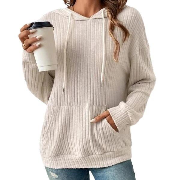 Mandotos women's knit hoodie sweatshirt with drawstrings, long sleeves, pockets, and sunken stripe design in solid color.