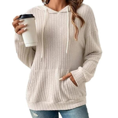Mandotos women's knit hoodie sweatshirt with drawstrings, long sleeves, pockets, and sunken stripe design in solid color.