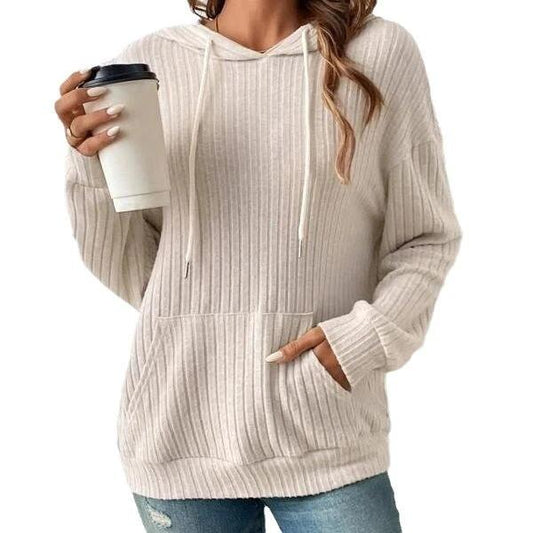 Mandotos women's knit hoodie sweatshirt with drawstrings, long sleeves, pockets, and sunken stripe design in solid color.