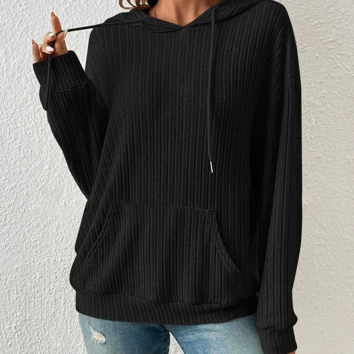 Mandotos women's knit hoodie sweatshirt with pockets, drawstring hood, long sleeves, solid sunken stripe pattern, cozy knitwear.
