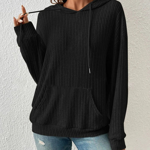 Mandotos women's knit hoodie sweatshirt with pockets, drawstring hood, long sleeves, solid sunken stripe pattern, cozy knitwear.