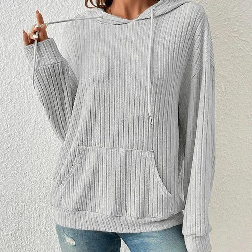 Mandotos women's knit hoodie sweatshirt with drawstrings, long sleeves, pockets, and sunken stripe knitwear for casual comfort.