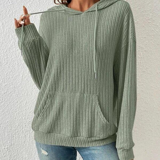 Mandotos women's knit hoodie sweatshirt with pockets, drawstring, long sleeves, solid sunken stripe knitwear in neutral tones.