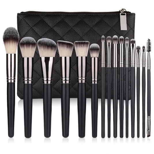 Mandotos matte black makeup brush set with 15 essential brushes for flawless makeup application, displayed in a neat arrangement.