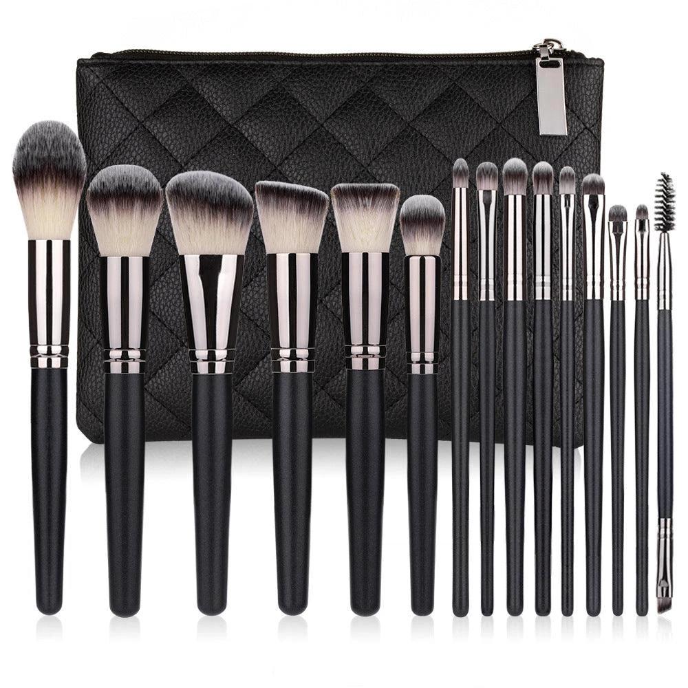 Mandotos matte black makeup brush set with 15 essential brushes for flawless makeup application, displayed on a white surface.