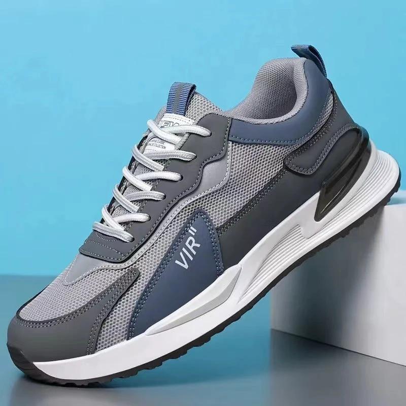 Mandotos men's color block mesh casual lace-up sneakers with breathable design for outdoor running and sports activities.