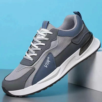 Mandotos men's color block mesh casual lace-up sneakers with breathable design for outdoor running and sports activities.