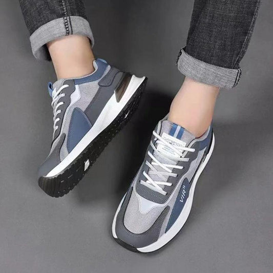 Men's color block mesh sneakers by MANDOTOS, casual lace-up shoes with breathable mesh for outdoor running and sports.