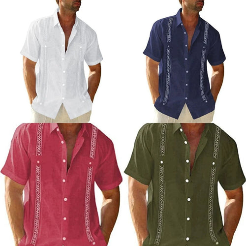 Men's Mandotos Guayabera Cuban shirt with short sleeves, casual printed streetwear style, featuring traditional embroidery details.