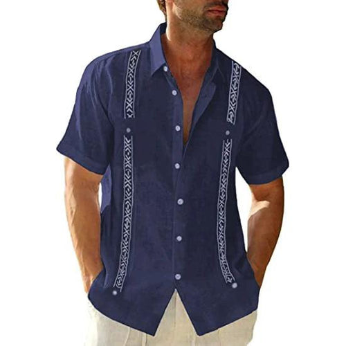 Men's MANDOTOS Guayabera Cuban shirt with short sleeves and printed streetwear design, casual and stylish for warm weather.
