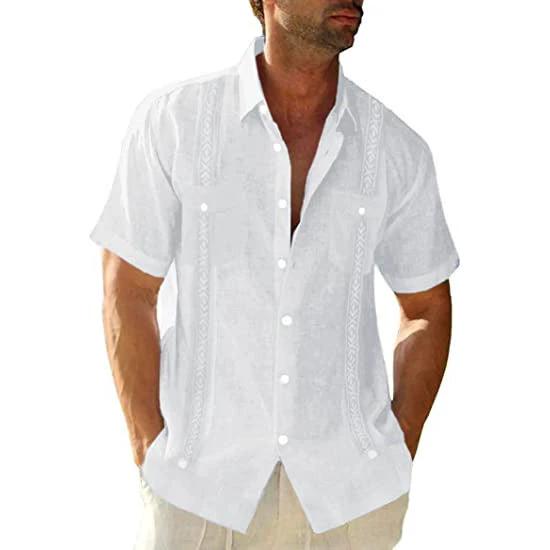 Men's MANDOTOS Guayabera Cuban shirt with short sleeves and printed streetwear design, casual and comfortable for warm weather.