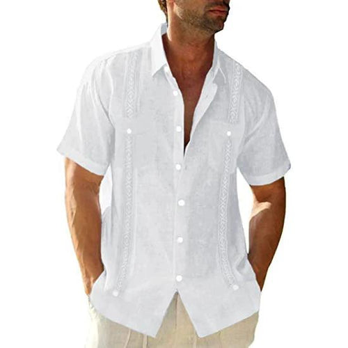 Men's MANDOTOS Guayabera Cuban shirt with short sleeves and printed streetwear design, casual and comfortable for warm weather.