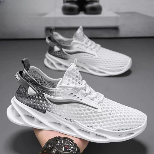 Men's lace-up mesh sports sneakers by MANDOTOS with hollow sole, low-top design, ideal for running and casual wear.