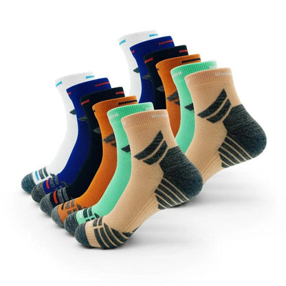 Six pairs of MANDOTOS men's padded ankle socks designed for sports, running, and all-day comfort with cushioned support.