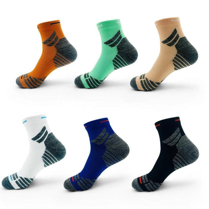 Six pairs of MANDOTOS men's padded ankle socks designed for sports and running, providing all-day comfort and support.