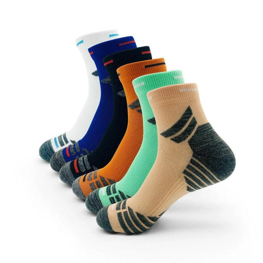 Six pairs of men's padded ankle socks from MANDOTOS, designed for performance sports and all-day comfort.