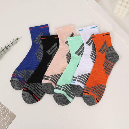 Six pairs of men's padded ankle socks by MANDOTOS, designed for sports, running, and all-day comfort with cushioned support.