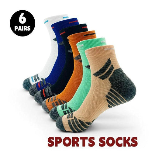 Six pairs of MANDOTOS men's padded ankle socks for sports and running, designed for all-day comfort and performance.