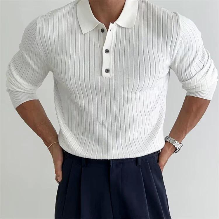 Men's slim fit polo shirt with lapel collar and button details by MANDOTOS, featuring long sleeves and classic design.