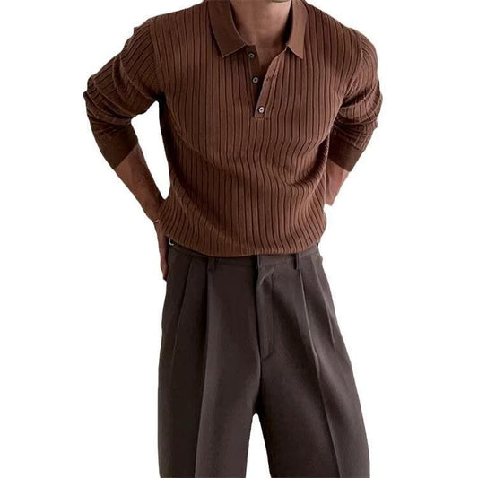 Mandotos men's slim fit polo shirt with long sleeves, lapel collar, and button details, in a classic style.