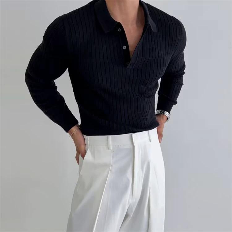 Men's slim fit polo shirt by Mandotos with long sleeves, lapel collar, and button front, casual and stylish for everyday wear.