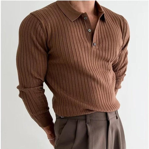 Men's slim fit polo shirt by MANDOTOS with long sleeves, lapel collar, and button detail, shown on a neutral background.