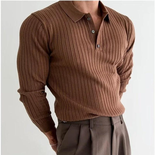 Men's slim fit polo shirt by MANDOTOS with long sleeves, lapel collar, and button detail, shown on a neutral background.