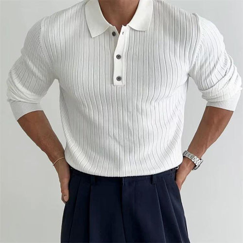 Men's long sleeve slim fit polo shirt with lapel collar and button detail by MANDOTOS, shown in a casual style.