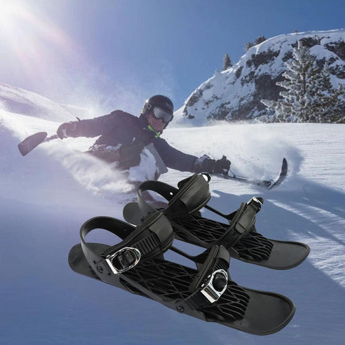 Mandotos Mini Ski Skates, portable and adjustable short skiboard for snow, shown in use on snowy terrain.