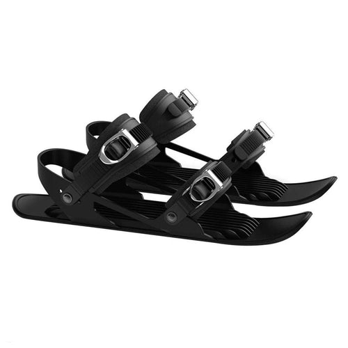 Mandotos Mini Ski Skates, portable and adjustable short skiboard for snow, shown in a snowy outdoor setting.