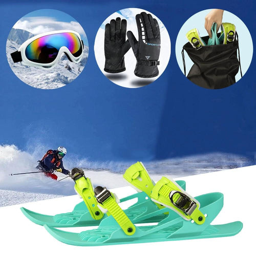 Mandotos Mini Ski Skates, portable adjustable short skiboard designed for snow, with bright colors and compact size for winter fun.