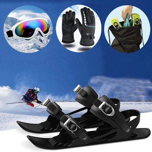 Mandotos Mini Ski Skates, portable and adjustable short skiboard designed for snow, shown in a compact, lightweight design.
