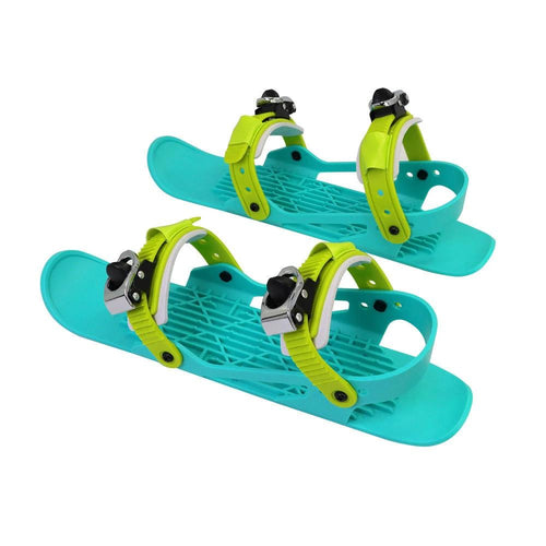 Mandotos Mini Ski Skates, portable and adjustable short skiboard for snow, shown in a winter outdoor setting.