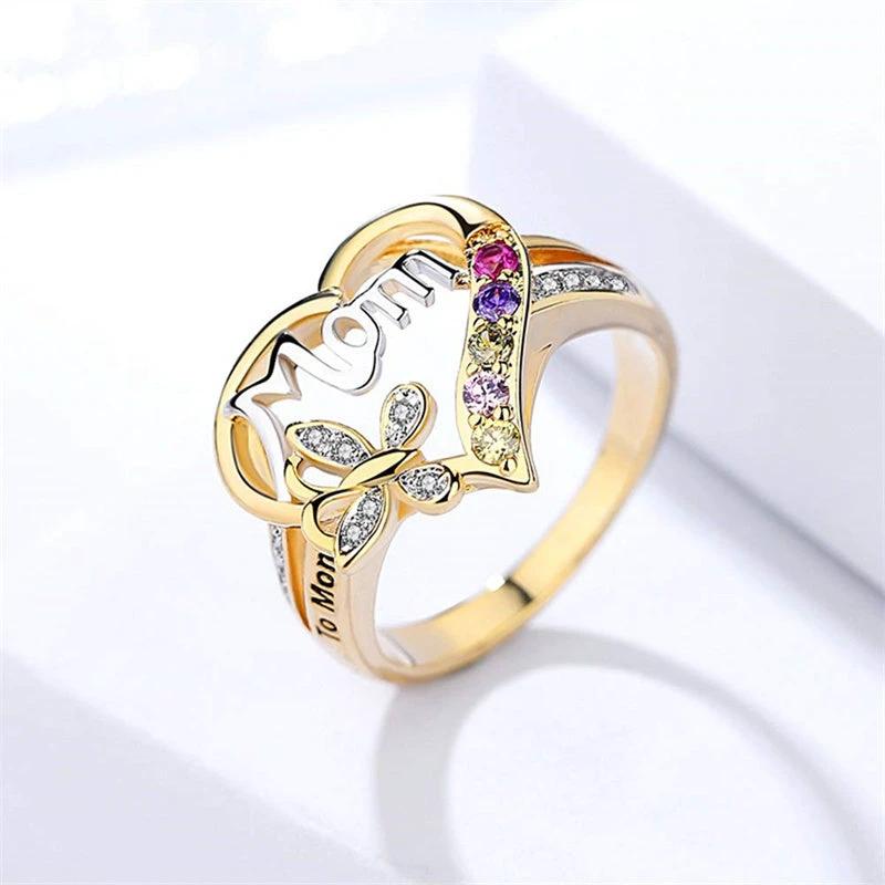Mandotos Mother's Day gift ring with hollow heart, English letter love design, rhinestone butterfly accents, jewelry for mom