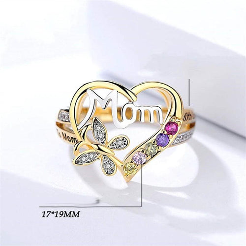 Mandotos Mother's Day gift ring with hollow heart, English letter love motif, rhinestone butterfly design, silver jewelry for mom