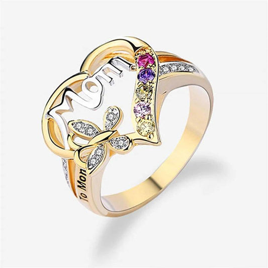 Mandotos Mother's Day gift finger ring with hollow heart, rhinestones, butterfly design, English letter love motif, jewelry accessory