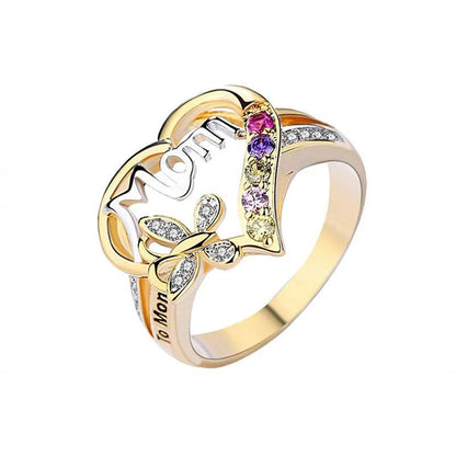 Mandotos Mother's Day gift finger ring with hollow heart, rhinestones, butterfly design, English letter love motif jewelry