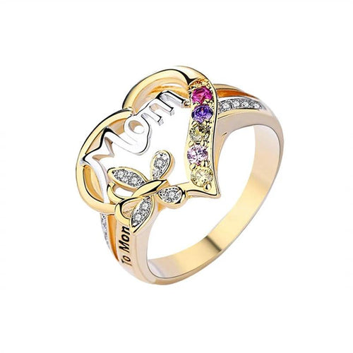 Mandotos Mother's Day gift finger ring with hollow heart, rhinestones, butterfly design, English letter love motif jewelry