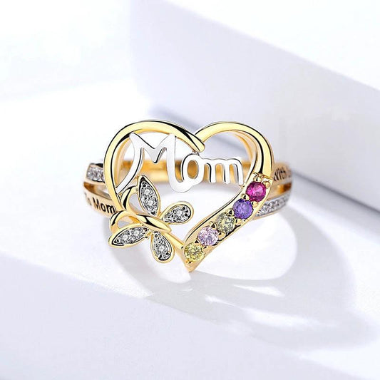 Mandotos Mother's Day gift ring featuring a hollow heart, English letter, rhinestones, butterfly design, and love motif.