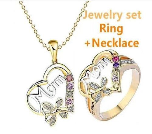 Mandotos Mother's Day gift ring featuring a hollow heart, English letter love motif, rhinestones, and butterfly design.