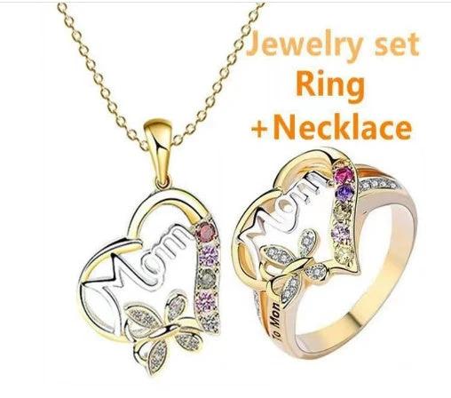 Mandotos Mother's Day gift ring featuring a hollow heart, English letter love motif, rhinestones, and butterfly design.