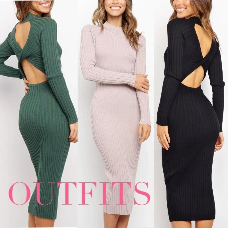 Mandotos women's sweater dress featuring a solid color, backless design, bow detail, and tight fit for a stylish, modern look.
